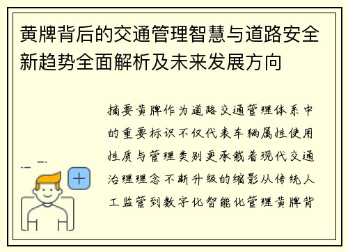 黄牌背后的交通管理智慧与道路安全新趋势全面解析及未来发展方向 黄牌背后的交通管理智慧与道路安全新趋势全面解析及未来发展方向